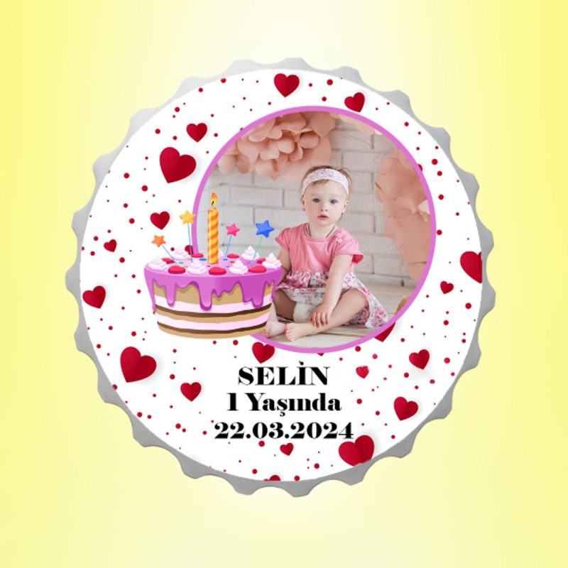 Doğum Günü Pastalı Resimli İsimli Kalpli Kapak Magnet Açacak Kişiye Özel