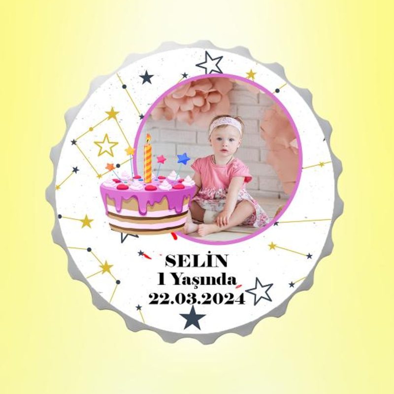 Doğum Günü Pastalı Resimli İsimli Yıldız Haritası Kapak Magnet Açacak Kişiye Özel