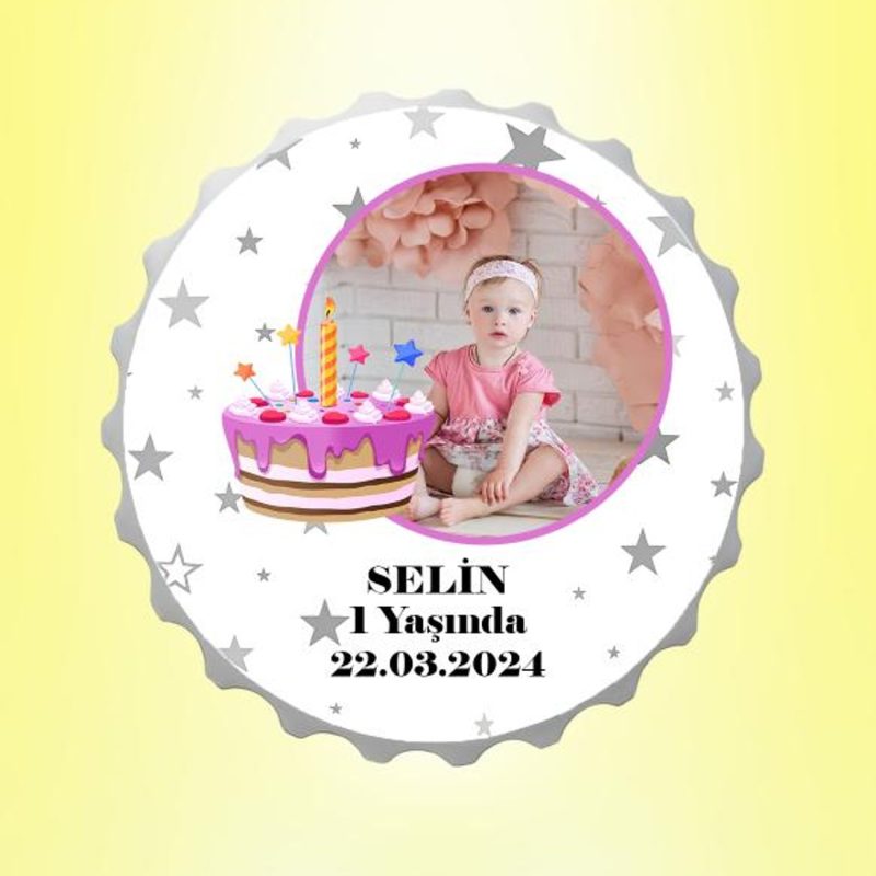 Doğum Günü Pastalı Resimli İsimli Yıldızlar Kapak Magnet Açacak Kişiye Özel