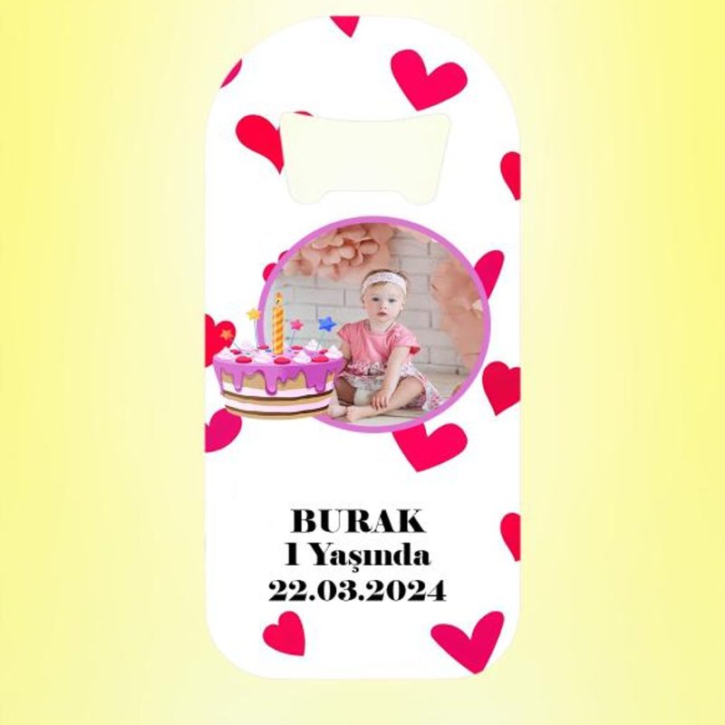 Doğum Günü Pastalı Resimli Kalp Desenli Magnet Açacak Kişiye Özel