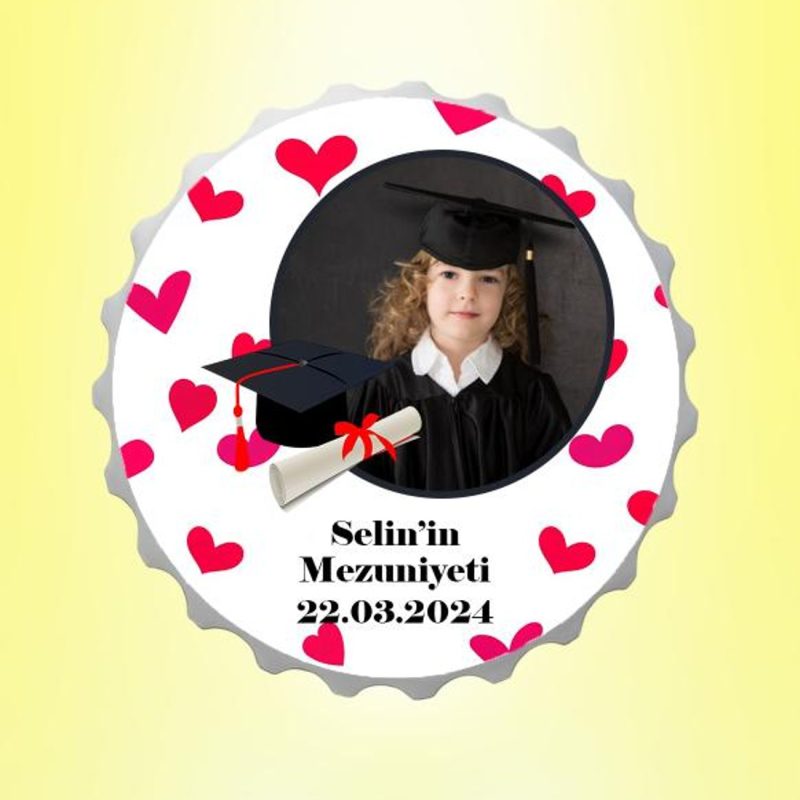 Mezuniyet Resimli İsimli Kalp Desenli Kapak Magnet Açacak Kişiye Özel
