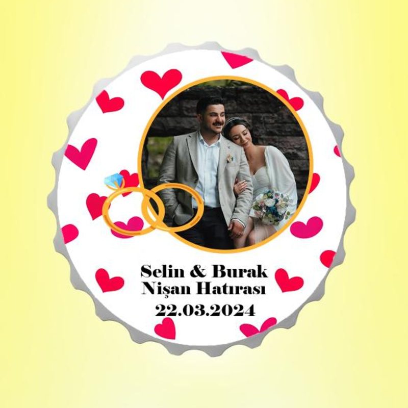 Nişan Hatırası Resimli İsimli Kalp Desenli Kapak Magnet Açacak Kişiye Özel